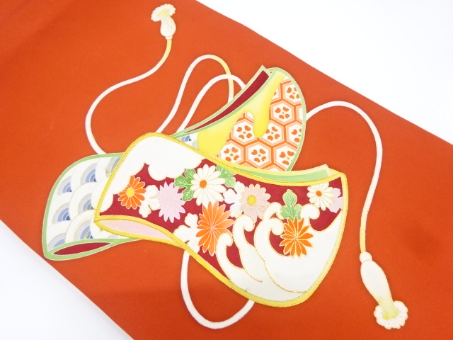 アンティーク　塩瀬組紐に花・荒波模様刺繍名古屋帯